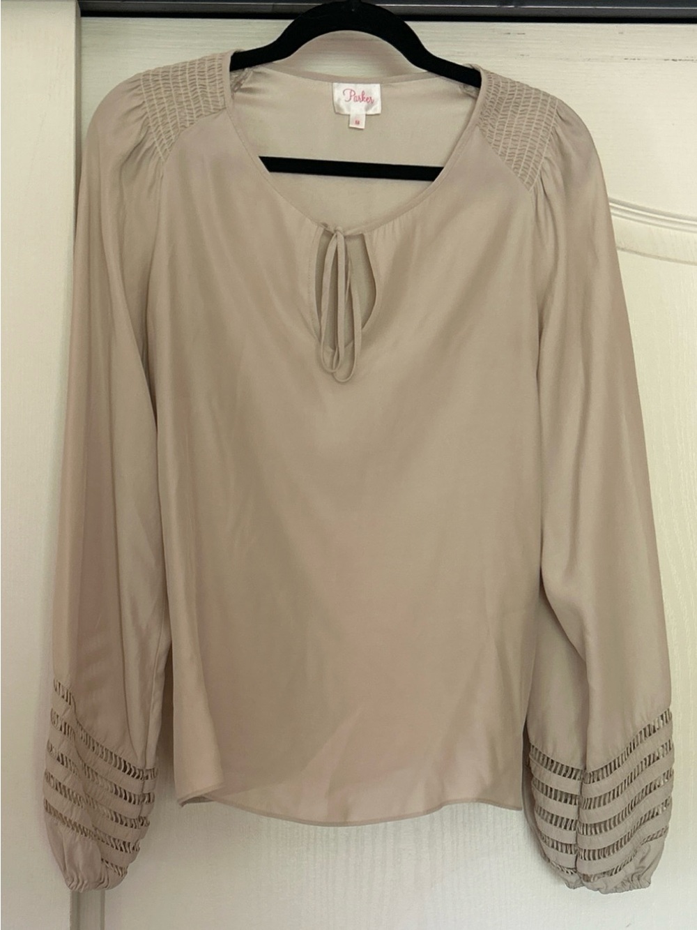 Parker Taupe Tie-Neck Blouse with Ladder Trim Sleeves